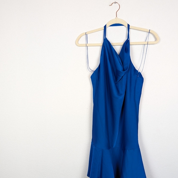 Aidan Mattox Marine Blue Satin Cowl Neck Cocktail Mini Dress Size 14 - Picture 3 of 10